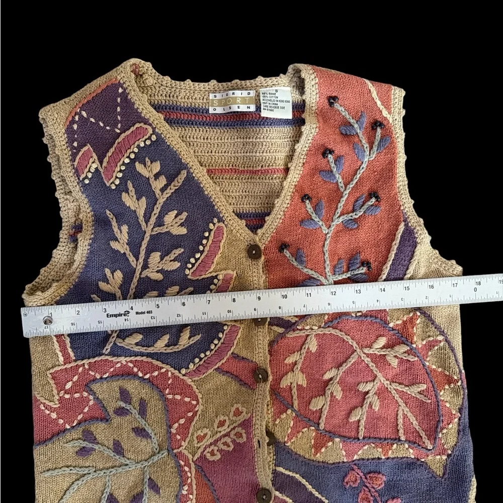 Sigrid Olsen Sport Vest Small Embroidered Knit Ramie Cotton Boho Patchwork Y2K - Picture 8 of 9
